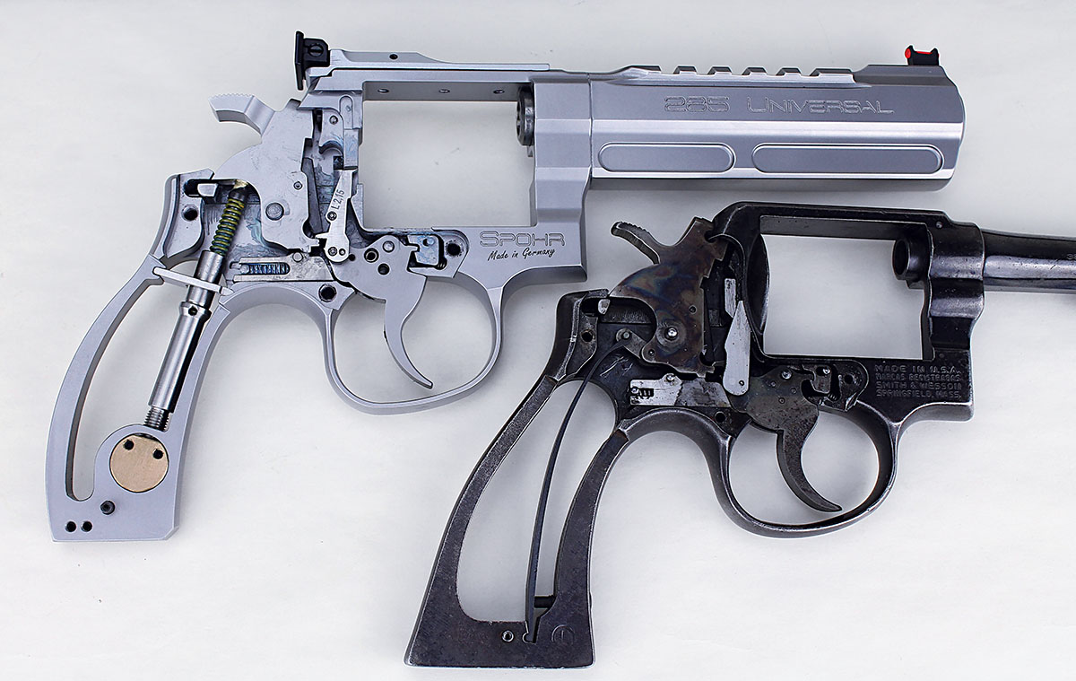 Though based on the Smith & Wesson M&P Model 10 design (bottom), Spohr’s re-engineering vastly improves upon the original flat mainspring so that the 285 Universal (top) exhibits no “stacking” when shooting double action.
